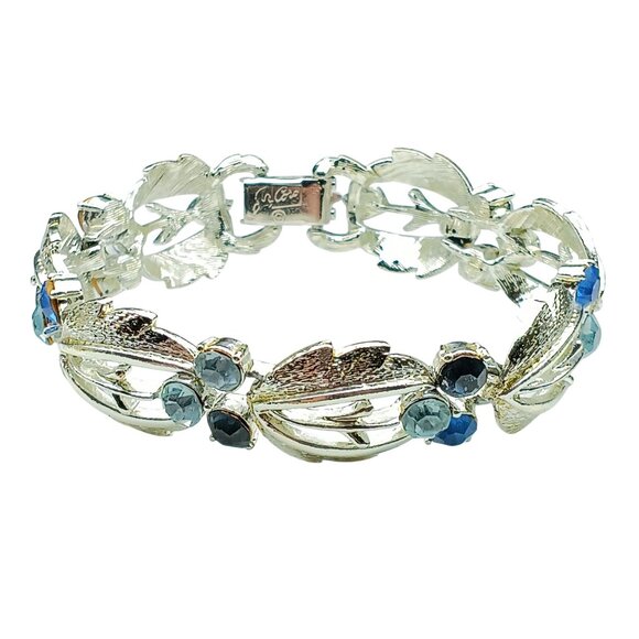 Vintage Pegasus Coro Silver-Tone Bracelet w/ Blue Rhinestones Floral Leaf Design - Picture 2 of 5